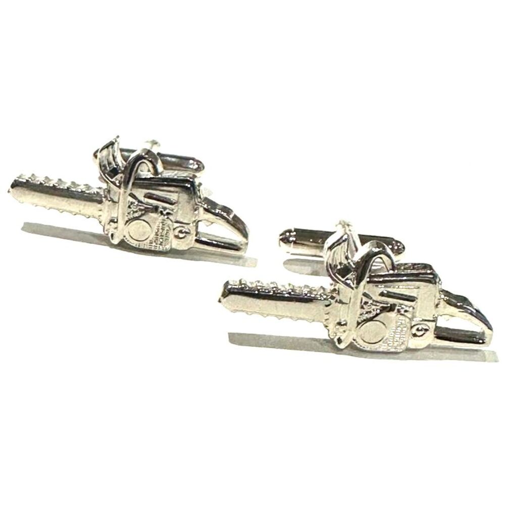 Chainsaw Cufflinks Silver Tone Miniature Power Tool